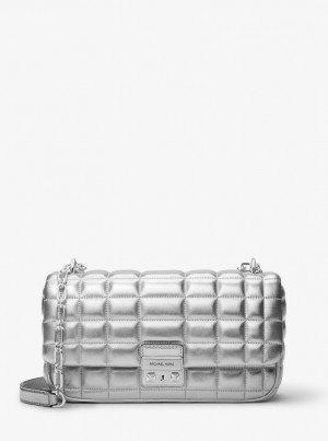 Michael Kors Tribeca Large Metallic Quilted Leather Shoulder Bag Omuz Çantası Kadın Gümüş | 792051-NKW