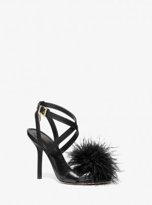 Michael Kors Whitby Feather Trim Leather Sandal Sandalet Kadın Siyah | 147532-VOR