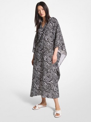 Michael Kors Zebra Organic Cotton Lawn Caftan Dress Elbise Kadın Siyah Beyaz | 590876-RSB