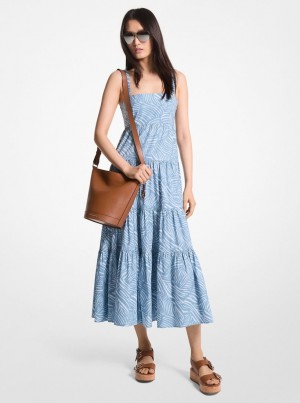 Michael Kors Zebra Print Stretch Organic Cotton Poplin Dress Elbise Kadın Chambray | 046721-WDL