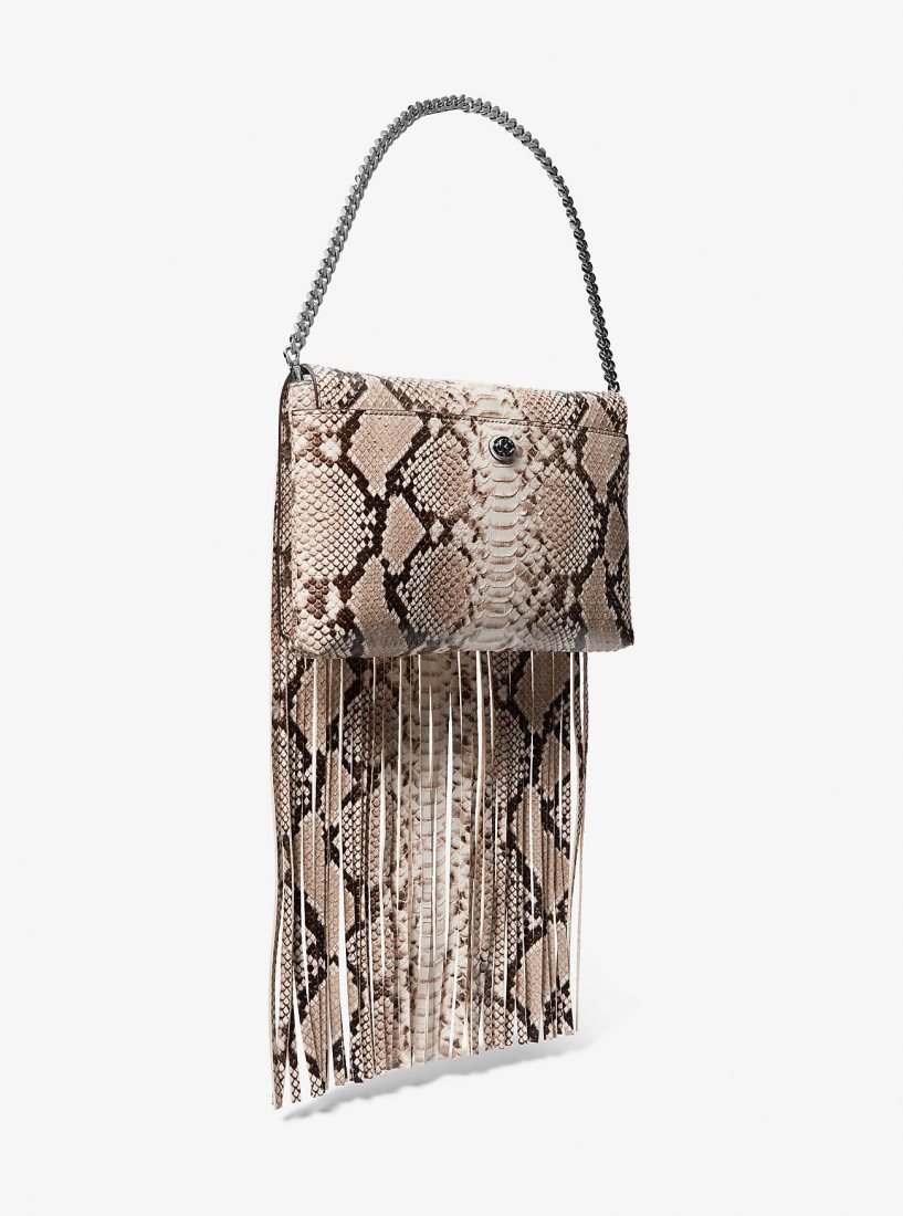 Michael Kors Ali Fringed Python Embossed Leather Clutch Debriyaj Çanta Kadın Bej Rengi | 295816-VCD