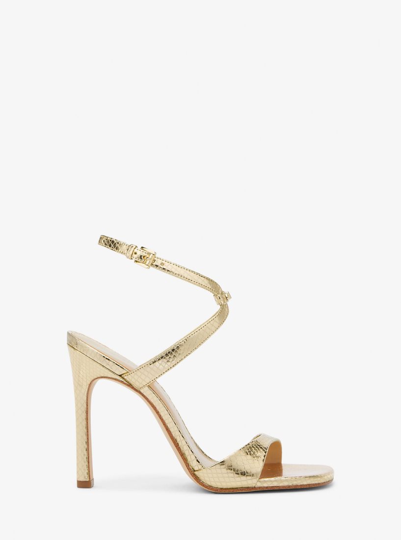 Michael Kors Amara Metallic Snake Embossed Leather Sandal Sandalet Kadın Altın | 819270-IJK