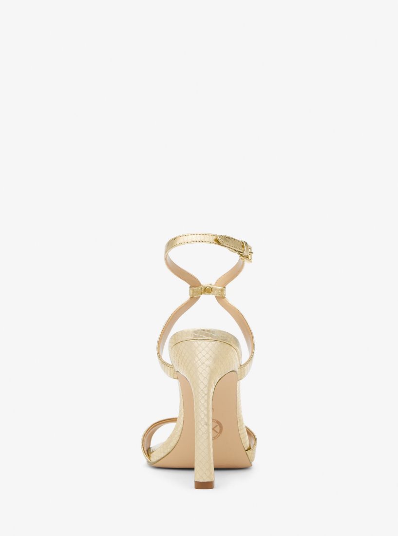 Michael Kors Amara Metallic Snake Embossed Leather Sandal Sandalet Kadın Altın | 819270-IJK