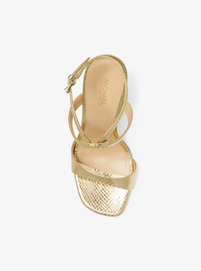 Michael Kors Amara Metallic Snake Embossed Leather Sandal Sandalet Kadın Altın | 819270-IJK