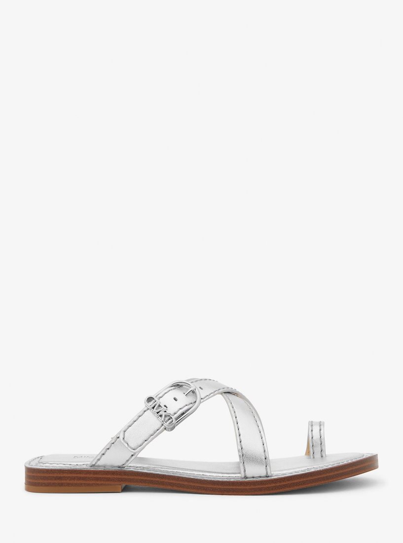 Michael Kors Ashton Metallic Leather Flat Sandal Sandalet Kadın Gümüş | 814923-GYT