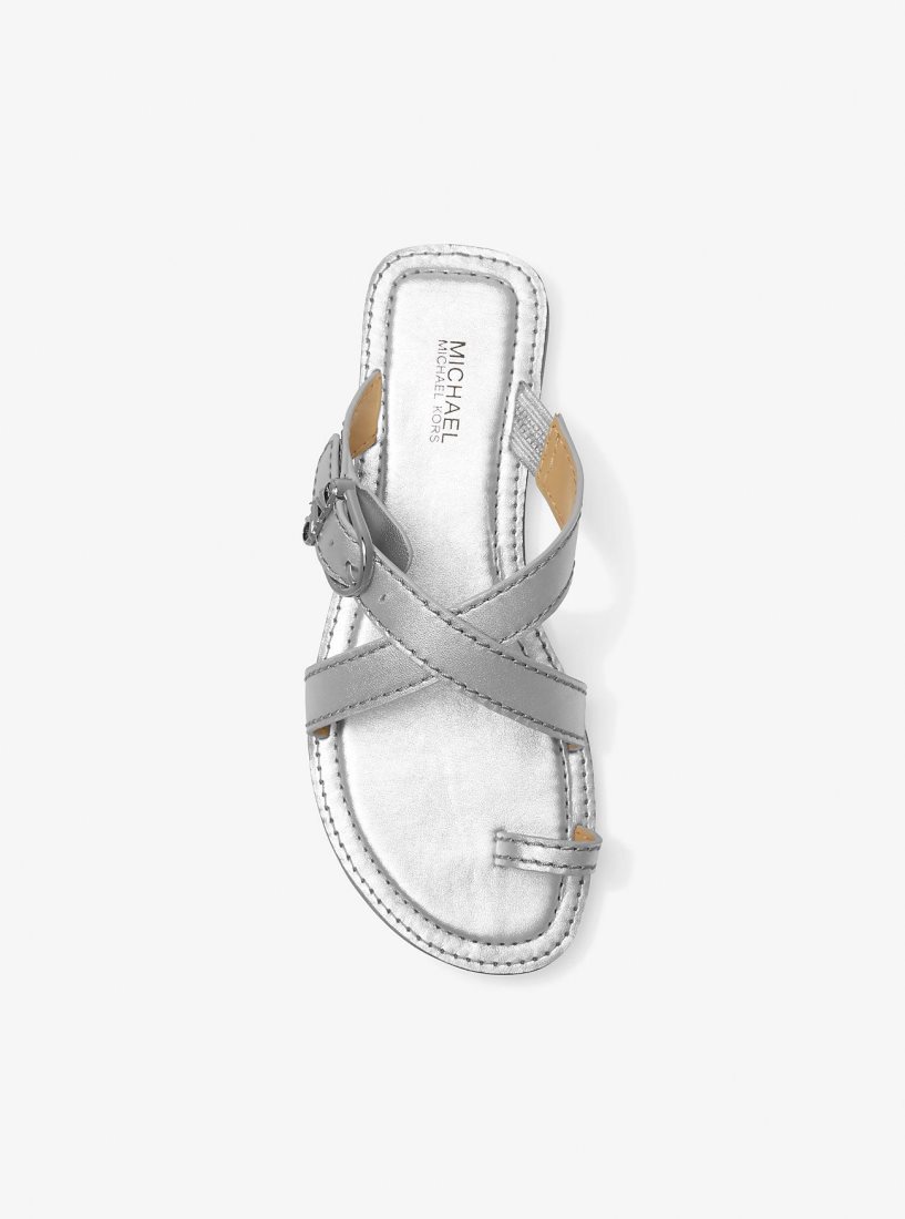 Michael Kors Ashton Metallic Leather Flat Sandal Sandalet Kadın Gümüş | 814923-GYT