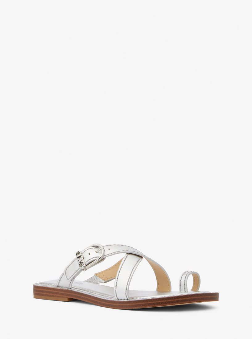 Michael Kors Ashton Metallic Leather Flat Sandal Sandalet Kadın Gümüş | 814923-GYT