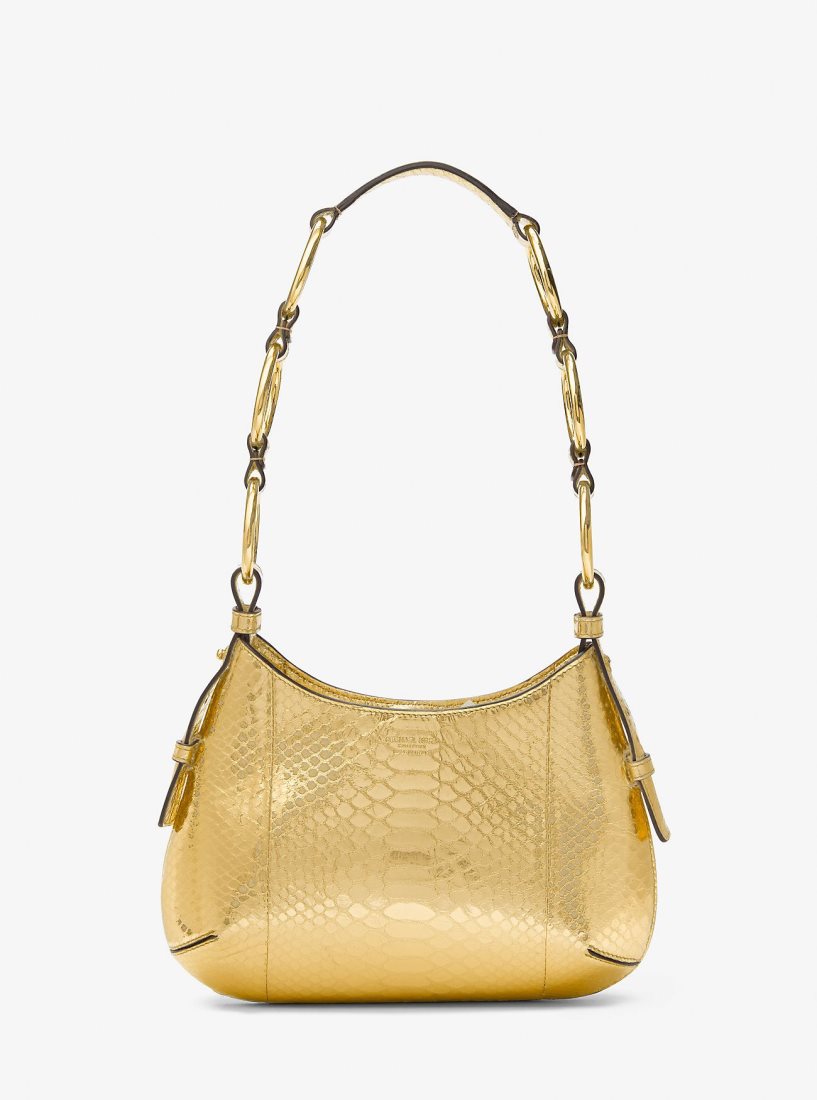 Michael Kors Bardot Mini Metallic Python Embossed Leather Hobo Shoulder Bag Omuz Çantası Kadın Altın | 865379-LGZ