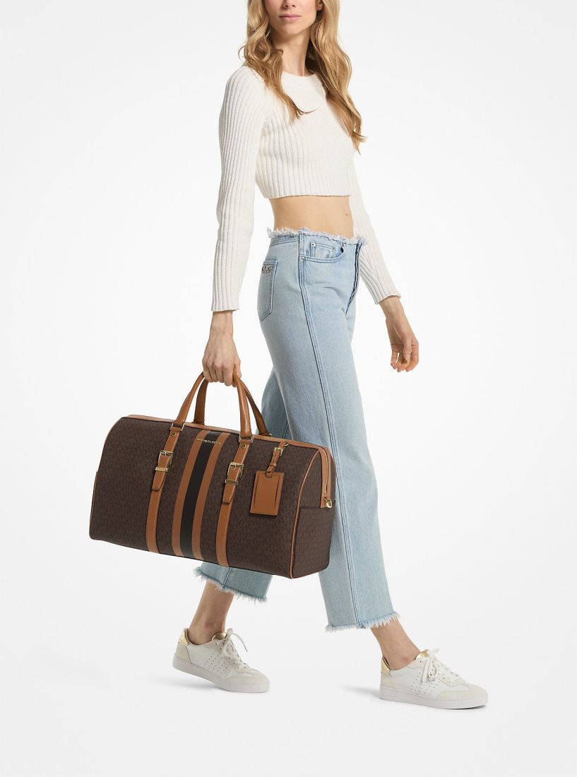 Michael Kors Bedford Travel Extra-Large Logo Stripe Weekender Bag Duffle Çanta Kadın Brn/Acorn | 180639-UGO