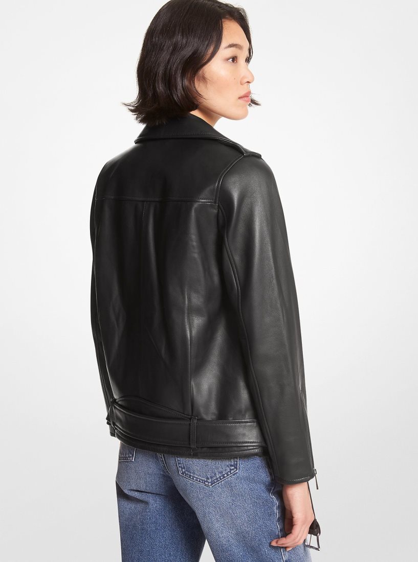 Michael Kors Belted Leather Biker Jacket Mont Kadın Siyah | 019347-YVS