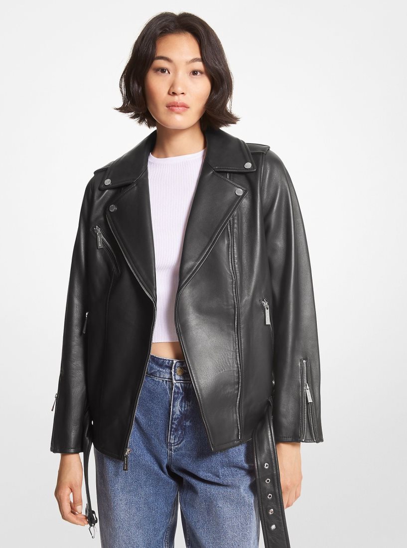 Michael Kors Belted Leather Biker Jacket Mont Kadın Siyah | 019347-YVS