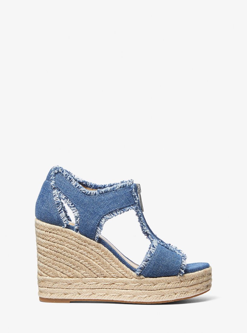 Michael Kors Berkley Frayed Denim Wedge Sandal Sandalet Kadın Mavi | 708351-TZR