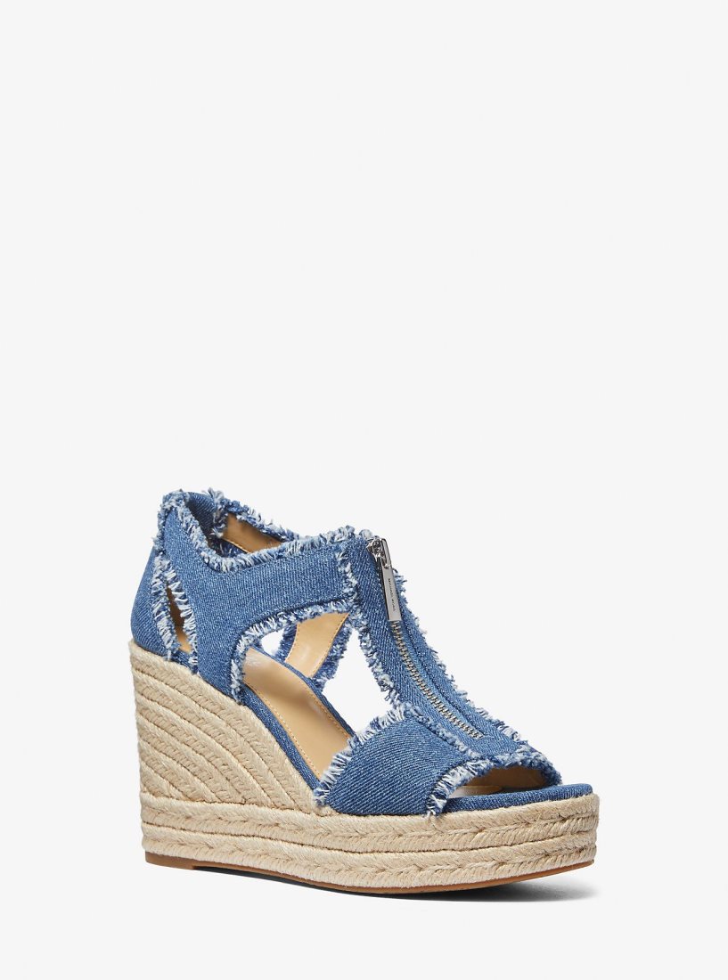 Michael Kors Berkley Frayed Denim Wedge Sandal Sandalet Kadın Mavi | 708351-TZR