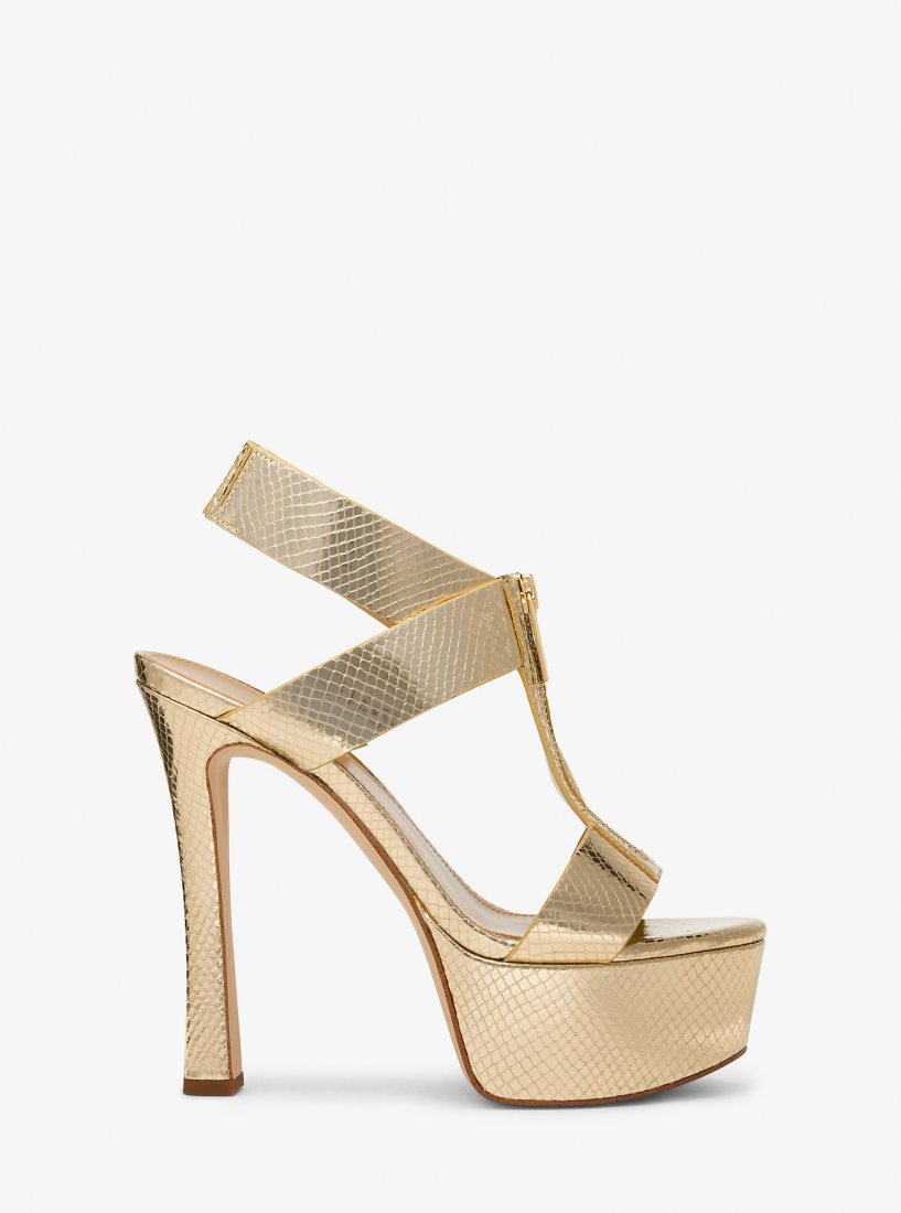 Michael Kors Berkley Metallic Snake Embossed Leather Platform Sandal Sandalet Kadın Altın | 061932-SAY