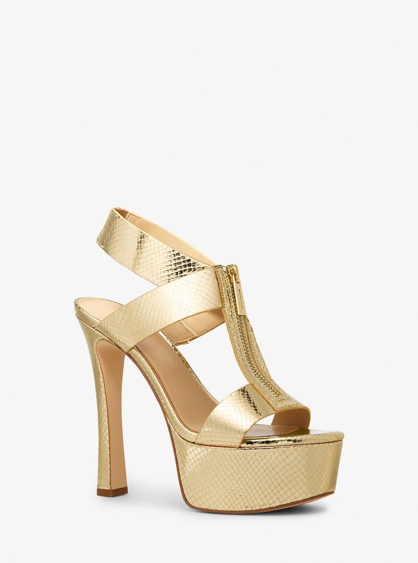 Michael Kors Berkley Metallic Snake Embossed Leather Platform Sandal Sandalet Kadın Altın | 061932-SAY