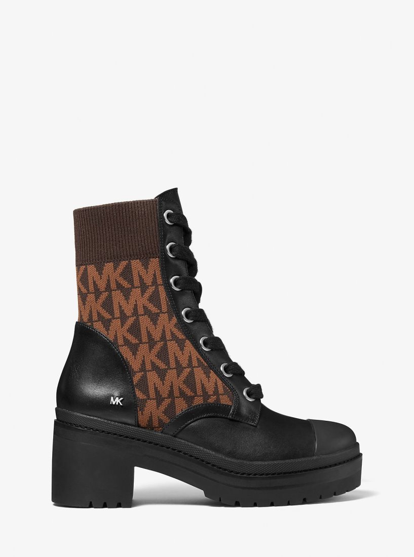 Michael Kors Brea Leather and Logo Jacquard Combat Boot Bot Kadın Kahverengi | 213098-KQF