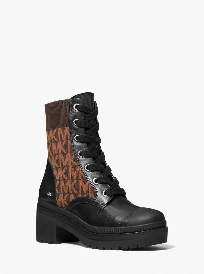 Michael Kors Brea Leather and Logo Jacquard Combat Boot Bot Kadın Kahverengi | 213098-KQF