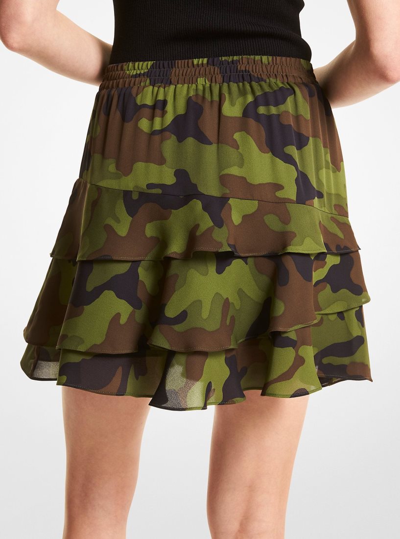 Michael Kors Camouflage Silk Georgette Ruffled Skirt Etek Kadın Zeytin Yeşili | 780495-YMJ