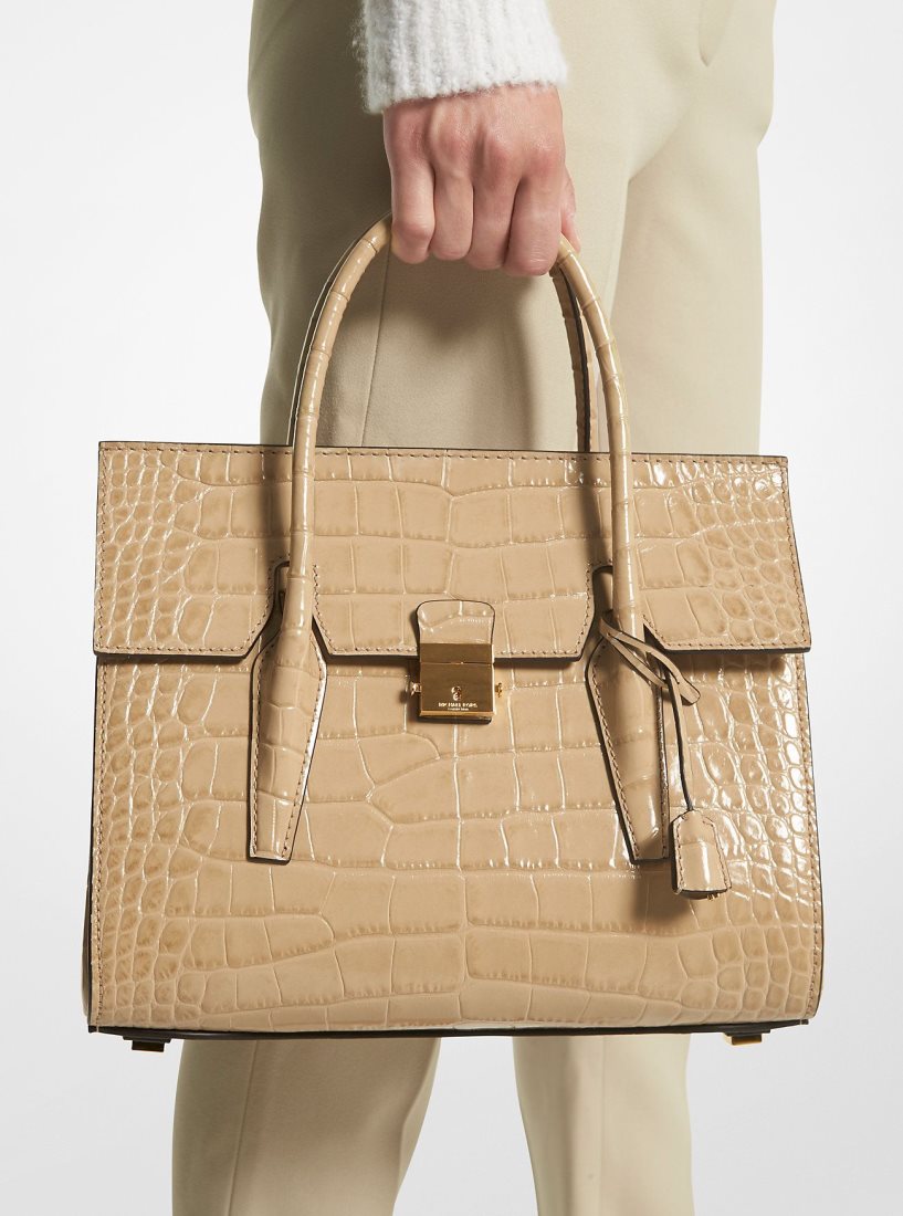 Michael Kors Campbell Medium Crocodile Embossed Leather Satchel Satchel Çanta Kadın Dune | 852694-HXC