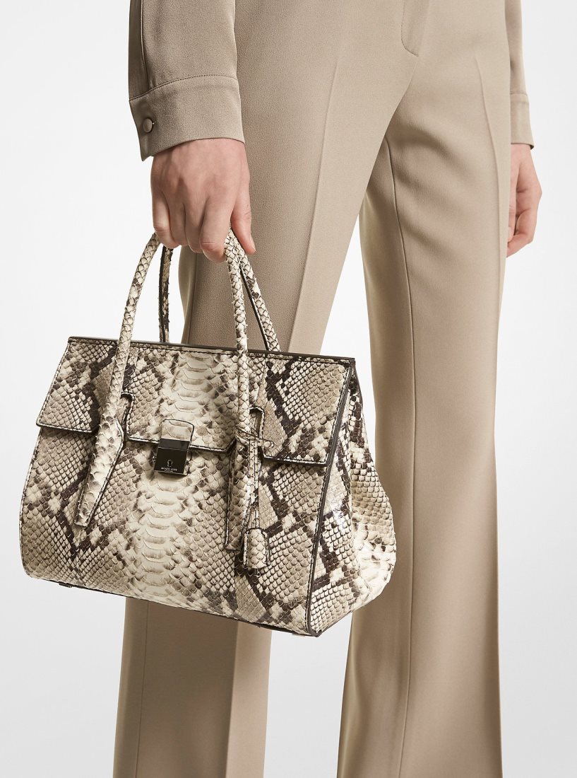 Michael Kors Campbell Medium Python Embossed Leather Satchel Satchel Çanta Kadın Bej Rengi | 937540-NMX