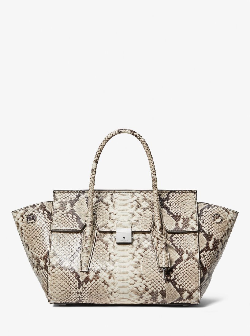 Michael Kors Campbell Medium Python Embossed Leather Satchel Satchel Çanta Kadın Bej Rengi | 937540-NMX