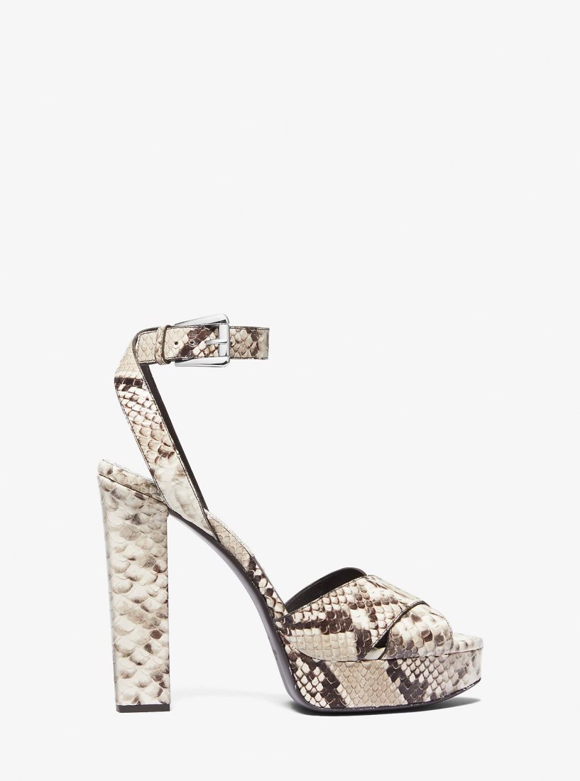 Michael Kors Cannon Python Embossed Leather Platform Sandal Sandalet Kadın Bej Rengi | 982147-LCD