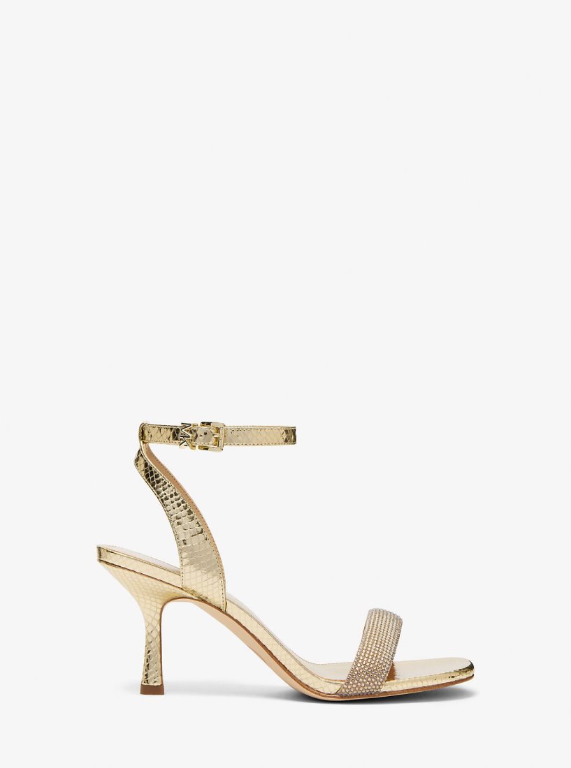 Michael Kors Carrie Embellished Metallic Snake Embossed Leather Sandal Sandalet Kadın Altın | 260438-FNK