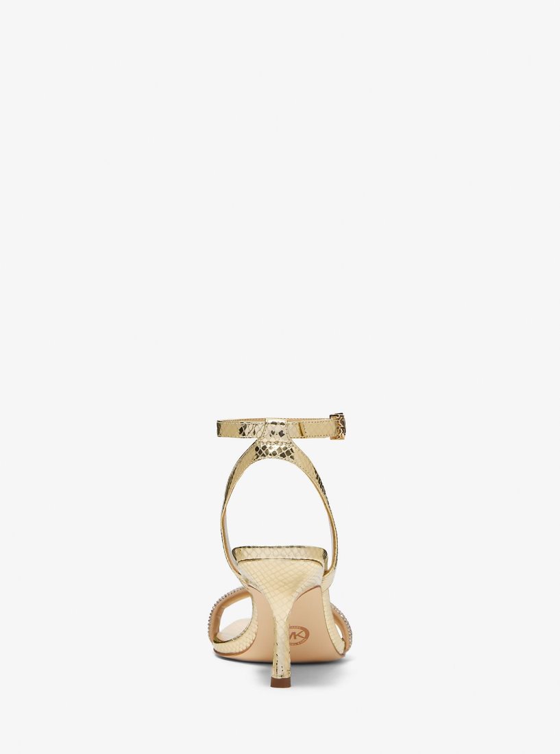 Michael Kors Carrie Embellished Metallic Snake Embossed Leather Sandal Sandalet Kadın Altın | 260438-FNK