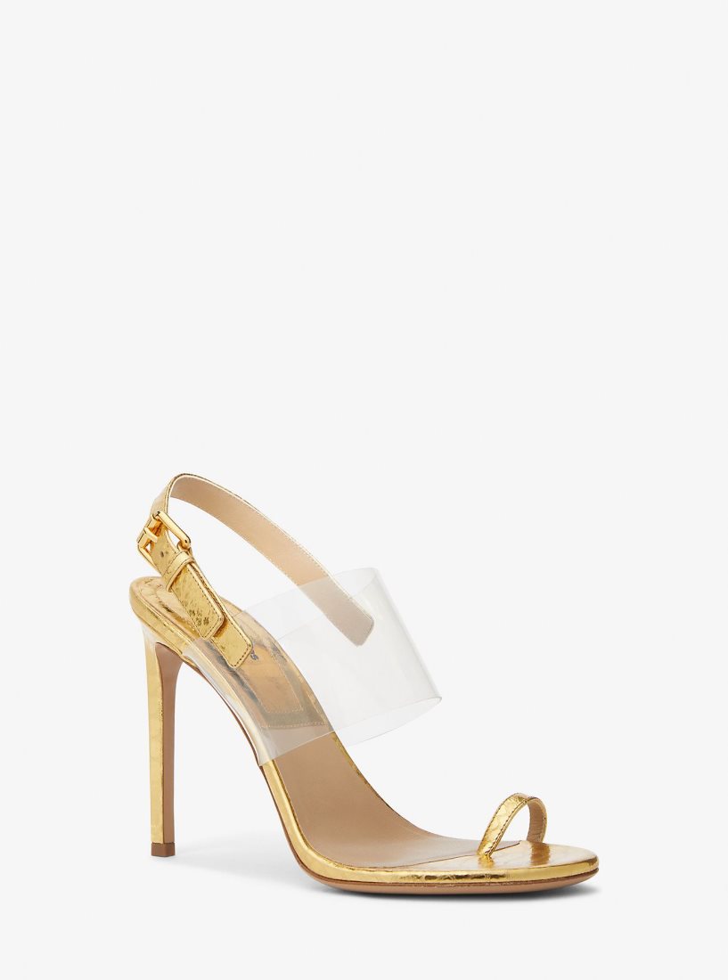 Michael Kors Catherine Metallic Python Embossed Leather Sandal Sandalet Kadın Altın | 914683-SNC