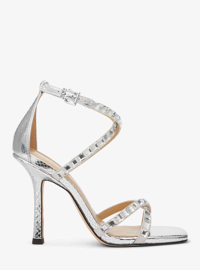 Michael Kors Celia Crystal Embellished Metallic Snake Embossed Sandal Sandalet Kadın Gümüş | 538012-RMX