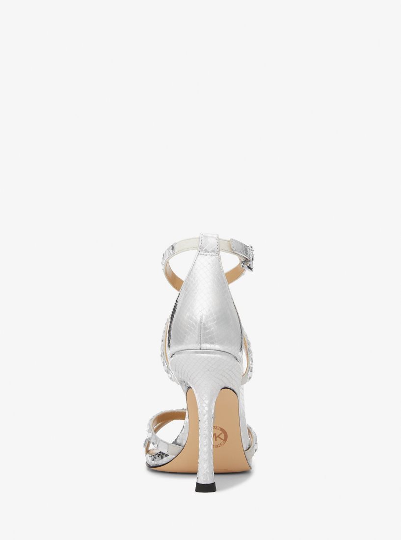 Michael Kors Celia Crystal Embellished Metallic Snake Embossed Sandal Sandalet Kadın Gümüş | 538012-RMX