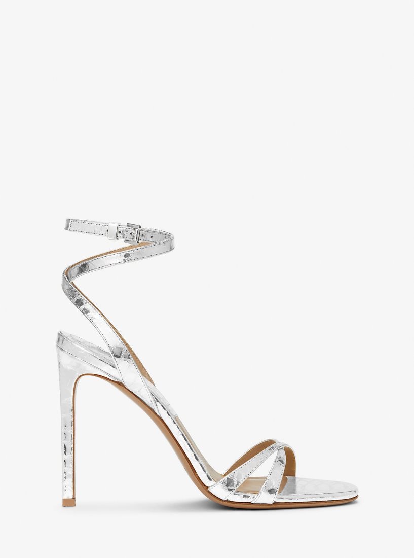 Michael Kors Chrissy Metallic Python Embossed Leather Sandal Sandalet Kadın Gümüş | 246735-GCT