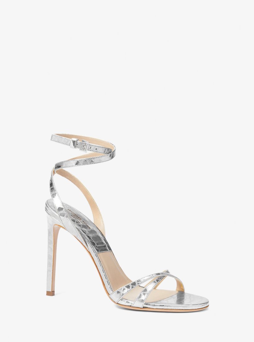 Michael Kors Chrissy Metallic Python Embossed Leather Sandal Sandalet Kadın Gümüş | 246735-GCT