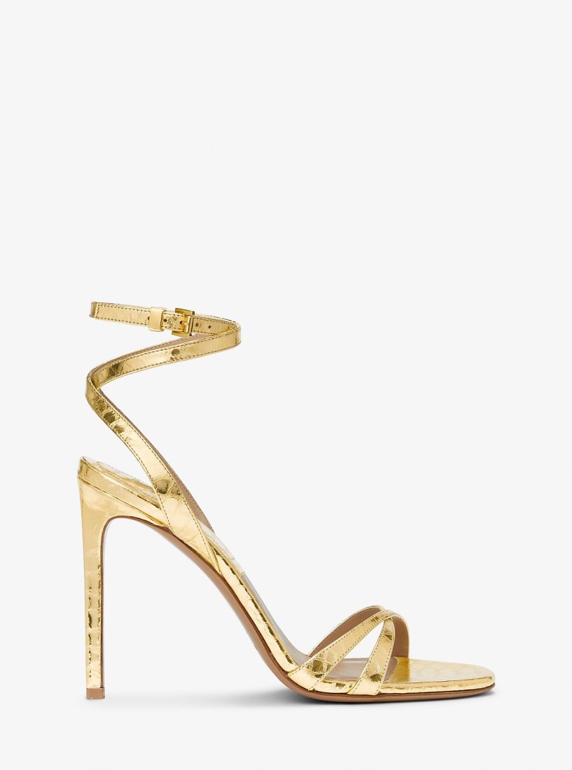 Michael Kors Chrissy Metallic Python Embossed Leather Sandal Sandalet Kadın Altın | 426081-SLI