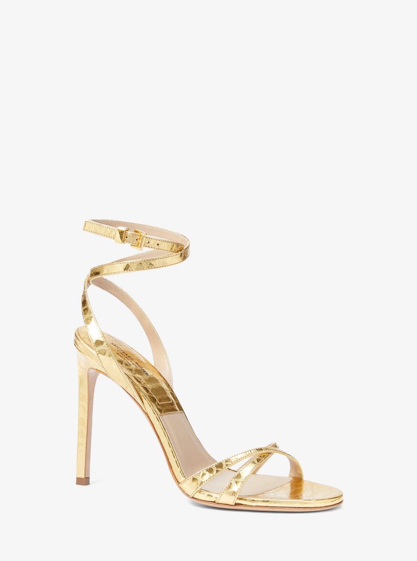 Michael Kors Chrissy Metallic Python Embossed Leather Sandal Sandalet Kadın Altın | 426081-SLI