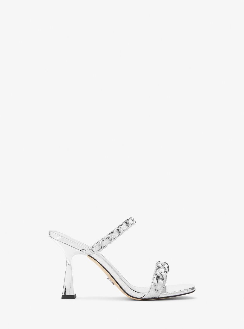 Michael Kors Clara Embellished Metallic Snake Embossed Leather Sandal Sandalet Kadın Gümüş | 568274-PLQ