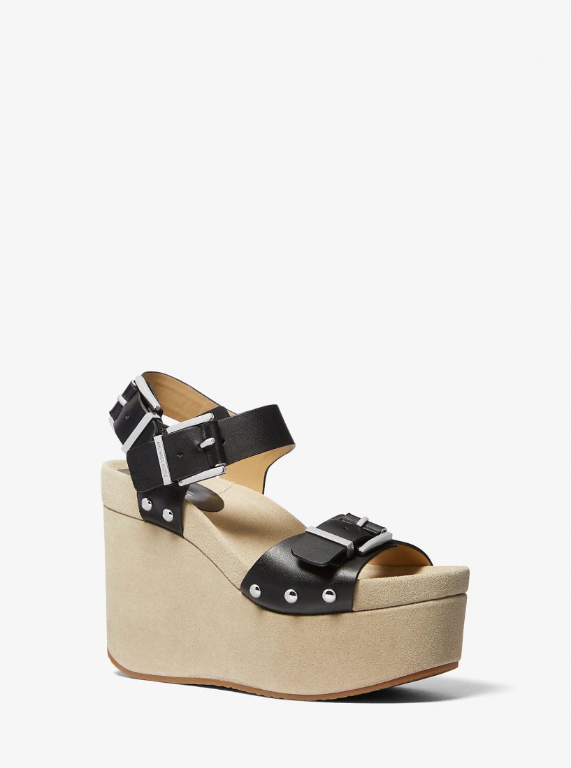 Michael Kors Colby Leather Wedge Sandal Sandalet Kadın Siyah | 406278-DPB