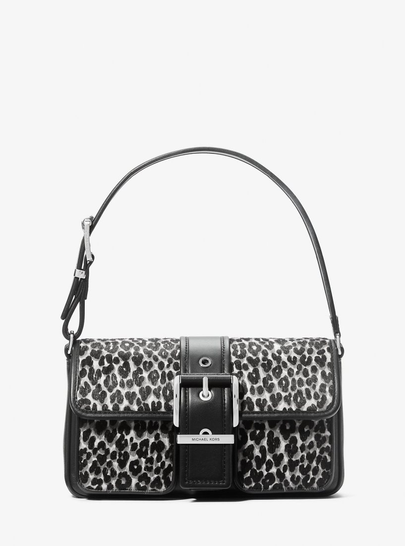 Michael Kors Colby Medium Leopard Print Calf Hair Shoulder Bag Omuz Çantası Kadın Siyah | 157846-ETF