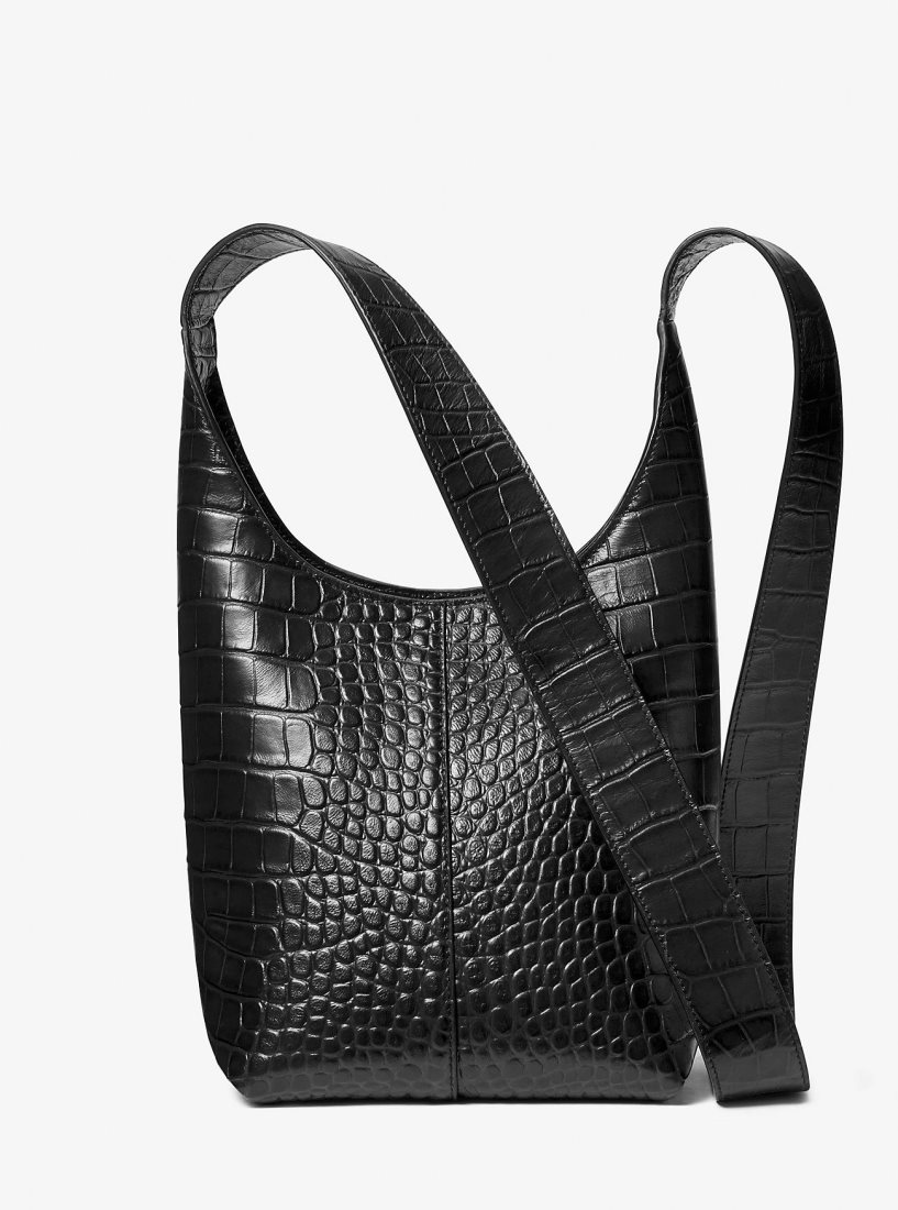 Michael Kors Dede Mini Crocodile Embossed Leather Hobo Bag Omuz Çantası Kadın Siyah | 307541-SJW