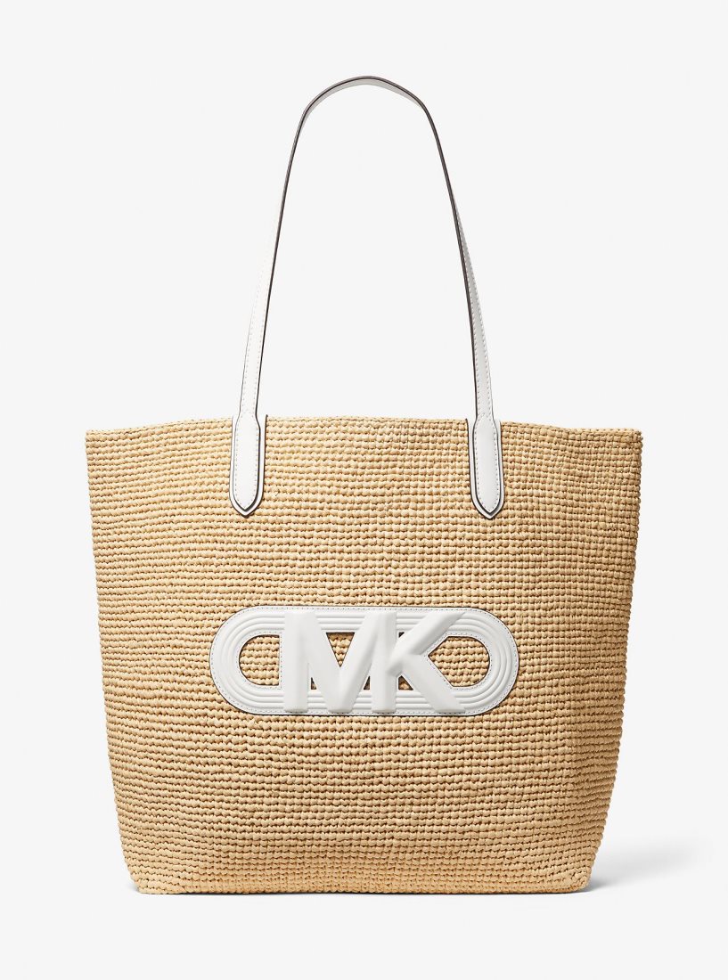 Michael Kors Eliza Extra-Large Empire Logo Straw Tote Bag Totes Kadın Nat/Opticwht | 071689-VON