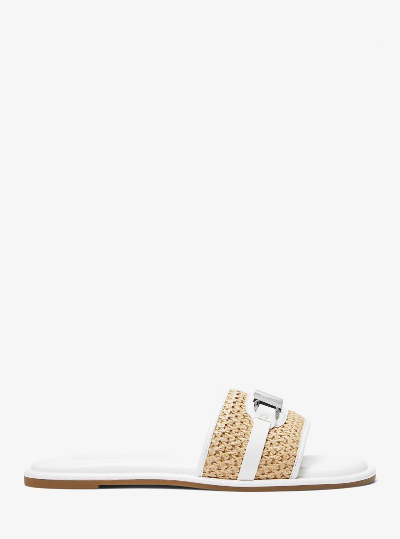 Michael Kors Ember Embellished Straw Slide Sandal Sandalet Kadın Nat/Opticwht | 983415-XTO