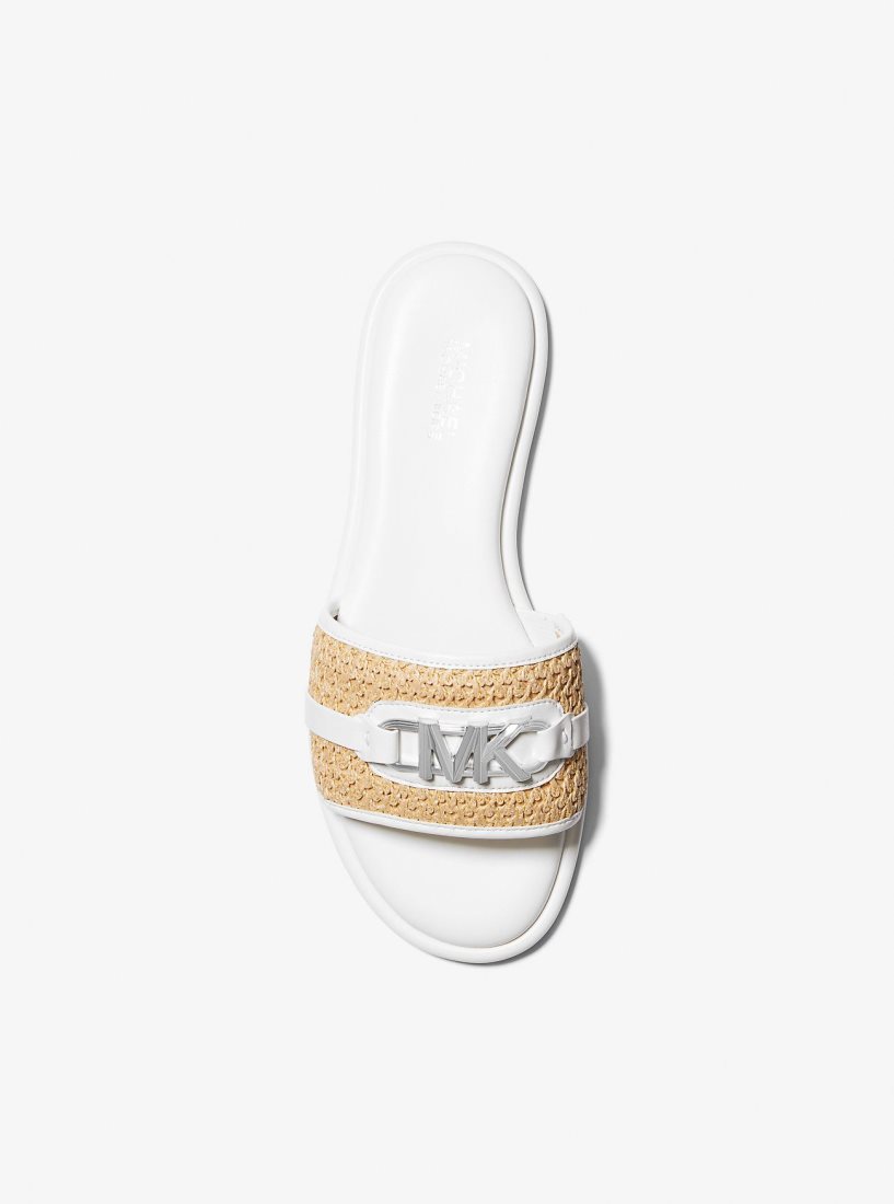 Michael Kors Ember Embellished Straw Slide Sandal Sandalet Kadın Nat/Opticwht | 983415-XTO