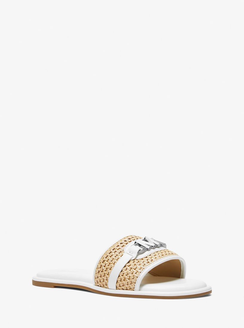 Michael Kors Ember Embellished Straw Slide Sandal Sandalet Kadın Nat/Opticwht | 983415-XTO