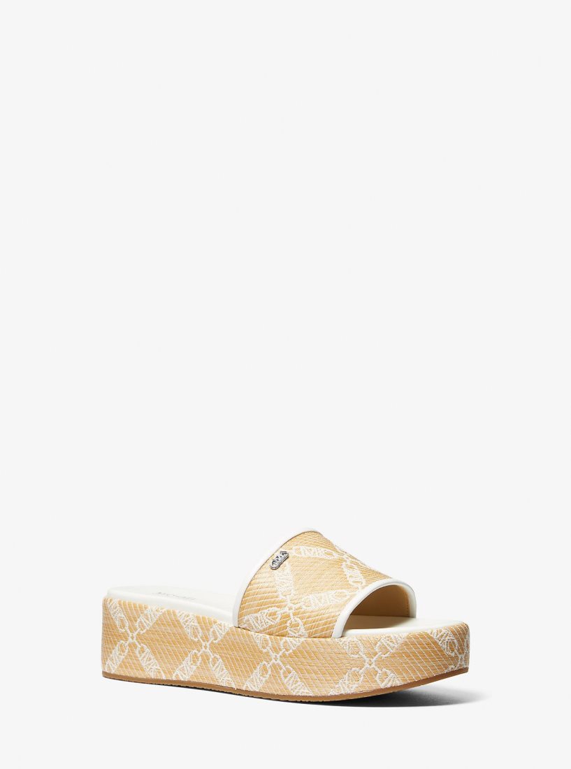 Michael Kors Ember Empire Logo Jacquard Straw Platform Sandal Sandalet Kadın Nat/Opticwht | 263419-VGS