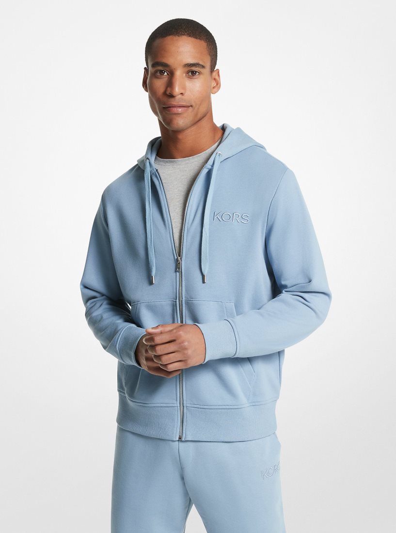 Michael Kors Embroidered Logo Cotton Terry Zip-Up Hoodie Tişört Erkek Chambray | 084937-JWG