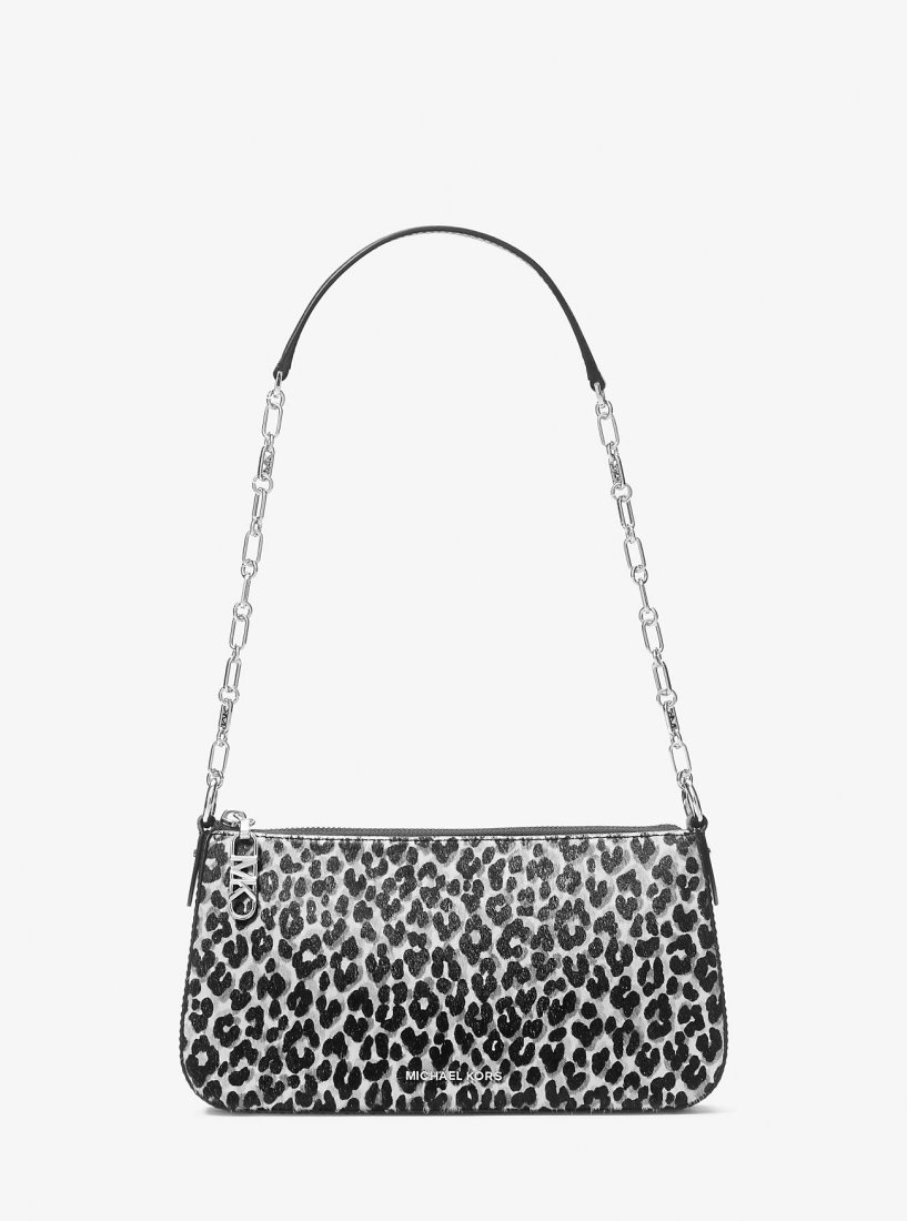 Michael Kors Empire Medium Leopard Print Calf Hair Chain-Link Pochette Çapraz Çanta Kadın Siyah | 893416-AHE