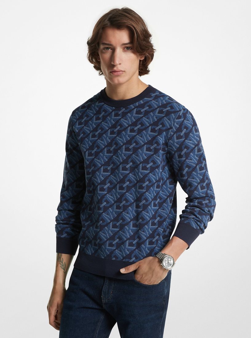 Michael Kors Empire Signature Logo Jacquard Merino Wool Sweater Kazak Erkek Midnight | 305962-FOJ