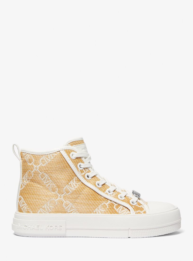 Michael Kors Evy Empire Logo Jacquard Straw High-Top Sneaker Spor Ayakkabı Kadın Nat/Opticwht | 489602-SAX