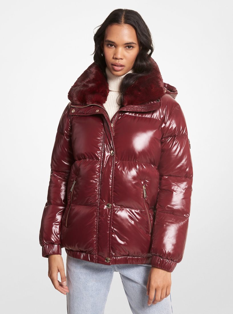 Michael Kors Faux Fur-Trim Quilted Nylon Puffer Jacket Mont Kadın Bordo | 067384-IMW