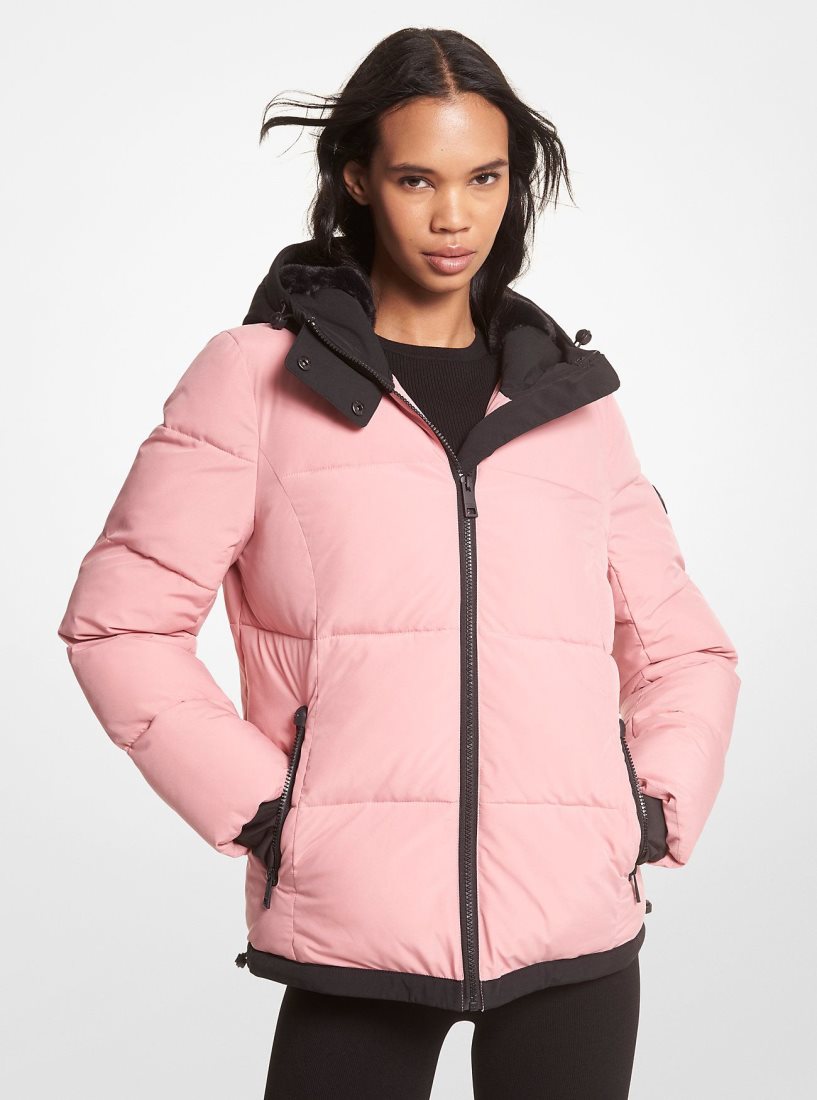 Michael Kors Faux Fur-Trim Quilted Puffer Jacket Mont Kadın Kraliyet Mavisi Pembe | 830427-WRH